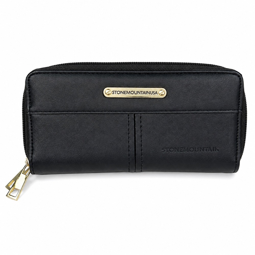 Stone Mountain USA Black Zip Around Accordion Wallet Gold Hardware Women's